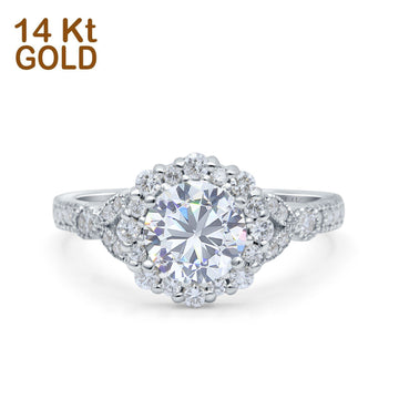 14K White Gold Floral Art Deco Engagement Ring Simulated Cubic Zirconia Size-7